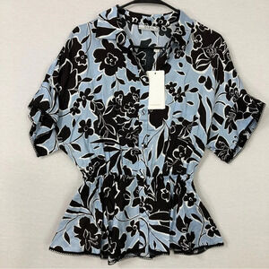 New Gizia Soft Lightweight Peplum Blue Black Floral V Neck Blouse Small 38 EUR